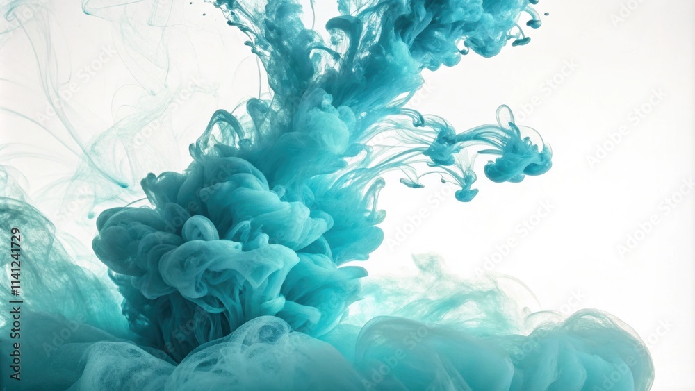 Poster turquoise ink dissolving in water creating abstract shapes and textures with a beautiful gradient of