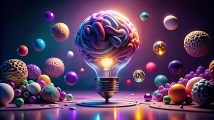 Illuminated Brain A Concept of Ideas and Innovation within a Glowing Lightbulb Surrounded by Colorful Spheres