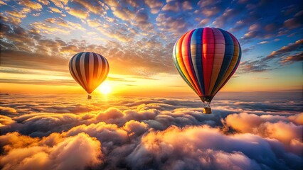 Obraz premium Two hot air balloons soar above a breathtaking sunrise, drifting through a sea of clouds