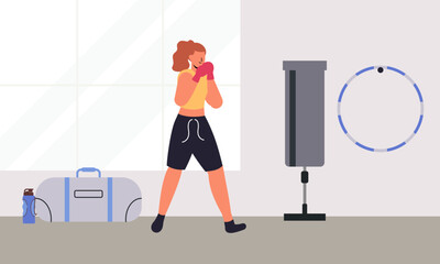Girl boxer illustration. Woman fights boxing training vector cartoon background with aggressive female fighter
