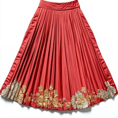 Red Pleated Skirt With Gold Floral Embroidery