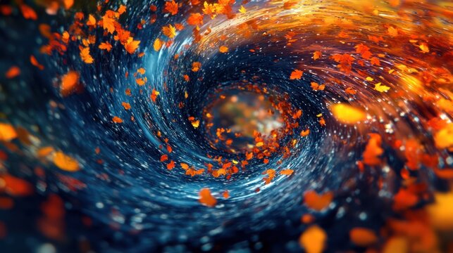 Swirling vortex of colorful autumn leaves.