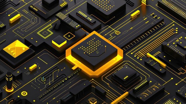 Abstract digital circuit design with yellow and black elements, symbolizing technology and innovation.