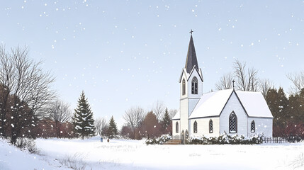 Quaint church in a snowy setting, beautifully adorned for christmas. Spire. Illustration