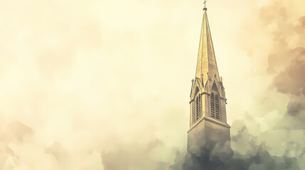 Fototapeta premium Skyward church spire biblical illustration christian aspiration and faith beige background copyspace. Spire. Illustration