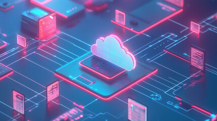 Fototapeta premium Digital Cloud with Interconnected Devices and Glowing Lines on Gradient Blue Background
