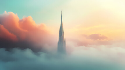 Tall church spire reaching up into a misty sky. Spire. Illustration