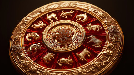 A view of the traditional Chinese zodiac wheel, intricate symbols of twelve animals arranged in a circle
