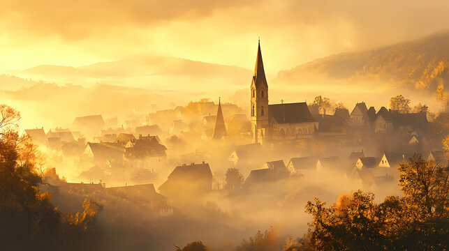 Village veiled in morning fog, the church spire a beacon amidst the soft golden light. Spire. Illustration