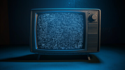 An old cathode ray TV with static on the screen, dark room lighting