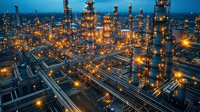 Industrial oil refinery illuminated at night showcasing complex structure and vivid lights