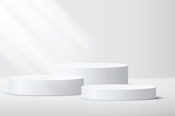 Abstract 3D empty white round podium and spotlight on white wall. Display realistic element geometric blank stage for product pedestal, cosmetic stand, showcase, exhibition, fashion stage. Vector
