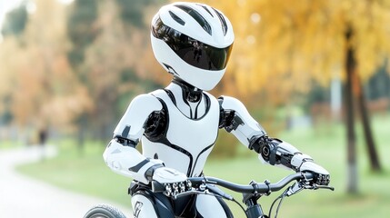 Fototapeta premium A humanoid robot riding a bicycle in a park setting.
