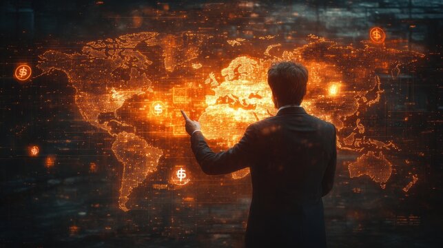Global Currency Exchange Businessman Virtual World Map with Dollar Euro Yen Yuan Pound Sterling Financial Symbols