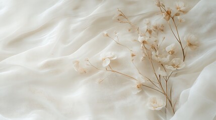 Delicate white fabric with soft floral arrangements on the surface