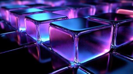 Futuristic Abstract Composition with Floating Glass Squares and Glowing Edges in Purple and Blue Light