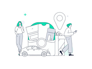 Flat vector concept operation hand drawn illustration of people taking a taxi
