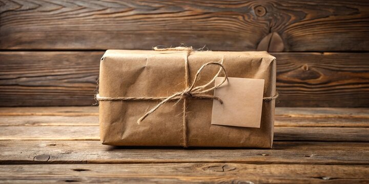 Rustic Brown Package Tied with Twine and Blank Tag on Wooden Surface