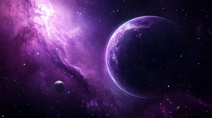 Abstract starry space scene with shining purple nebula, stardust, and realistic galaxy planet