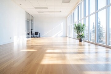 Modern Office Interior with Large Windows and Wooden Floor