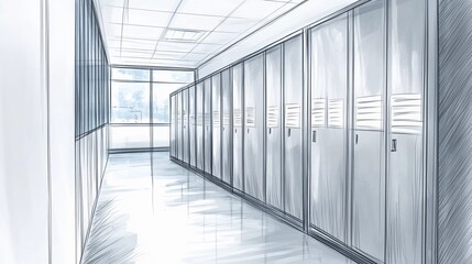 Obraz premium Rows of uniform metal lockers creating a clean and minimalistic background ideal for school, gym, or industrial storage concepts