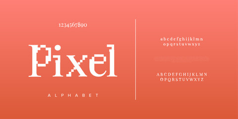 Obraz premium Pixel creative modern geometric urban alphabet font. Digital abstract futuristic, game, techno, robot, music, logo, sport, minimal technology typography. Simple numeric vector illustration