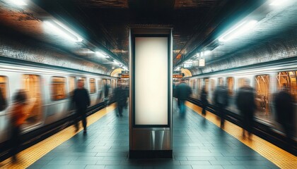 Subway Station Advertising Pillar with Commuters and Trains in Motion Urban Scene