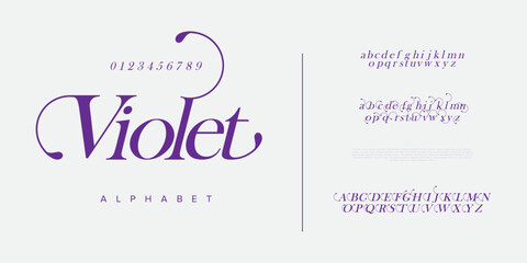Violet typography beauty fashion elegant minimalist serif italic fonts decorative wedding vintage retro logos. Minimal luxury font alphabet logo. Vector illustration