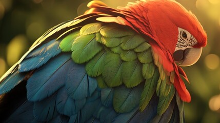 Fototapeta premium A close-up of a colorful parrotas feathers showcasing a vibrant mix of green, red, and blue.