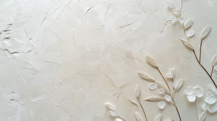 Background, cardboard with realistic texture, cream color with fine fibrous details and floral plants on the edges