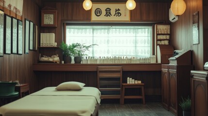 Traditional Asian therapy room with wooden furniture, a massage table, and herbal remedies.