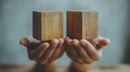 Hands Holding Wooden Blocks Minimalist Concept Isolated on White Background