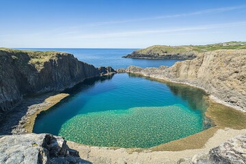 Stunning Coastal Landscape with Crystal Clear Water and Rocky Cliffs Under a Bright Blue Sky on a Tranquil Day, Ideal for Nature and Travel Themes