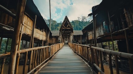 Wooden walkway between traditional stilt houses in a village