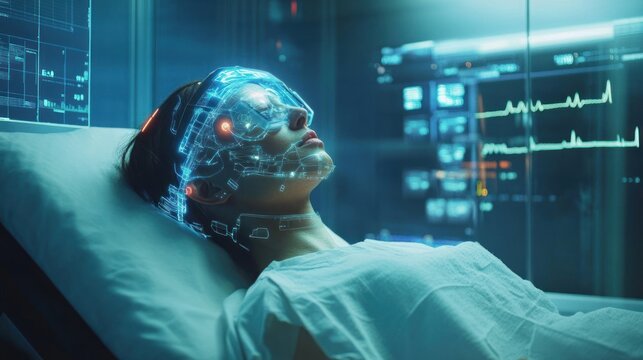 Futuristic medical scan showing a woman lying on a hospital bed with a holographic brain scan overlay. - Powered by Adobe