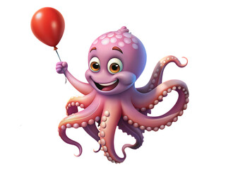 cartoon happy octopus holding balloon on transparent background