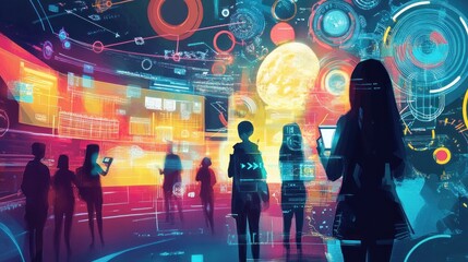 Silhouetted figures in vibrant, futuristic digital environment, exploring data visualizations and interfaces.