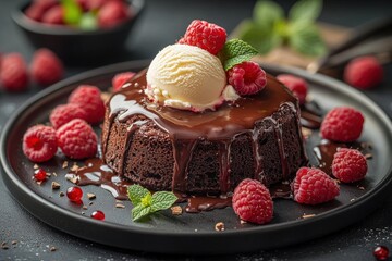 Rich Decadent Chocolate Lava Cake with Warm Gooey Center and Vanilla Ice Cream Fresh Raspberries Mint