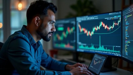 The image shows a man sitting at a desk in front of multiple computer monitors. He is wearing a blue shirt and has a beard.