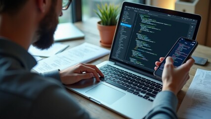 The image shows a man sitting at a desk with a laptop and a smartphone in front of him. He is working on a code on the laptop screen. The laptop is open and the screen is displaying a code snippet.