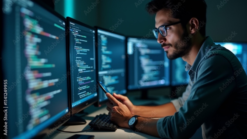 Wall mural the image shows a young man sitting at a desk in front of multiple computer monitors. he is wearing 