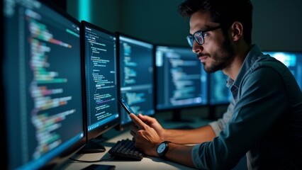 The image shows a young man sitting at a desk in front of multiple computer monitors. He is wearing a blue shirt and glasses and is looking intently at his phone.
