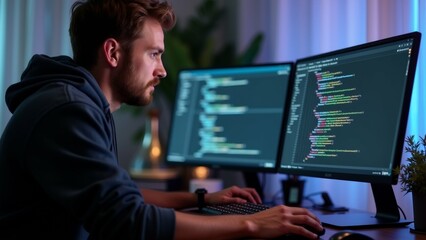 The image shows a young man sitting at a desk in front of two computer monitors. He is wearing a black hoodie and has a beard.