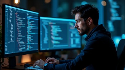 The image shows a young man sitting at a desk in front of two computer monitors. He is wearing a dark blue hoodie and has a beard.