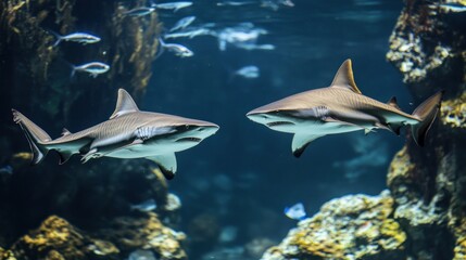 Fototapeta premium Two blacktip reef sharks swim in an aquarium