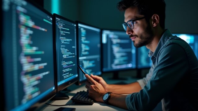 The image shows a young man sitting at a desk in front of multiple computer monitors. He is wearing a blue shirt and glasses and is looking intently at his phone. - Powered by Adobe