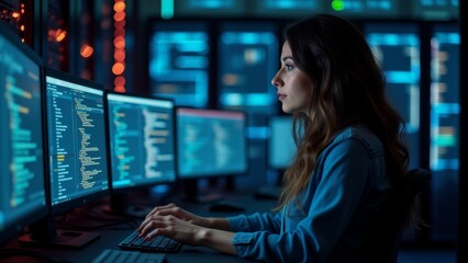 The image shows a young woman sitting at a desk in front of multiple computer monitors. She is wearing a denim jacket and has long dark hair.