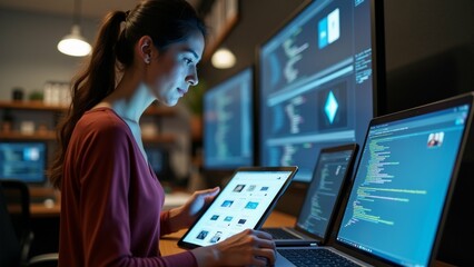 The image shows a young woman sitting at a desk in front of multiple computer monitors. She is holding a tablet in her hands and appears to be working on a project.