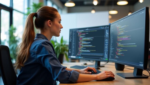 The image shows a young woman sitting at a desk in front of two computer monitors. She is wearing a blue shirt and has her hair tied back in a ponytail.