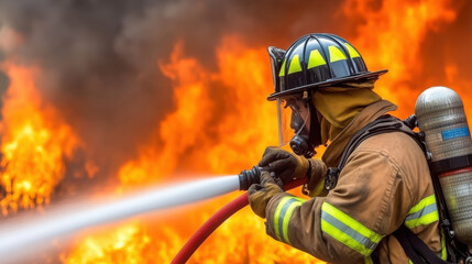 firefighter in protective gear battles fierce blaze with hose, showcasing bravery and determination